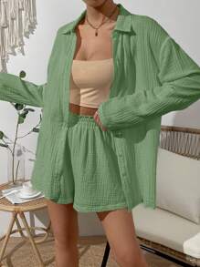 SHEIN VCAY Holiday Casual Solid Color Drop Shoulder Long Sleeve Shirt And Shorts Set - Army Green - View 3