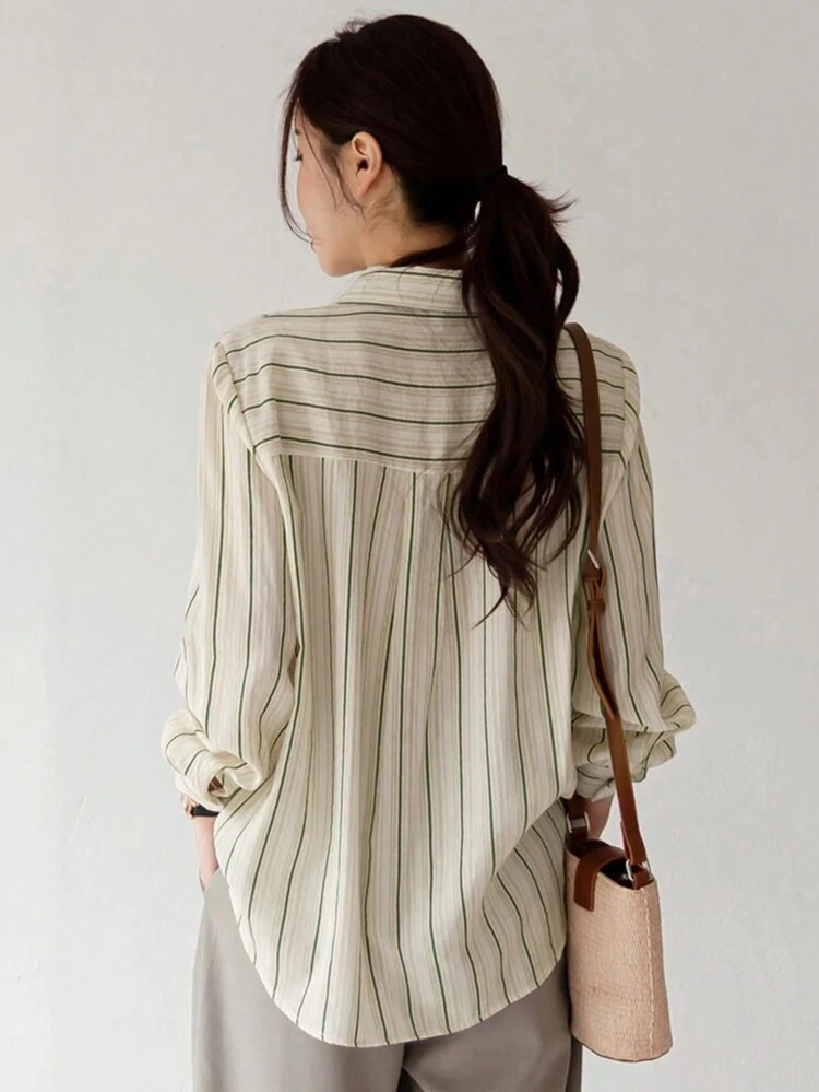 Women's Striped Long Sleeve Casual Work Shirt Preppy Tops