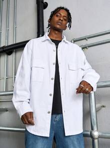 Manfinity Roghcode Men's Loose-Fit White Denim Shirt - White - View 3