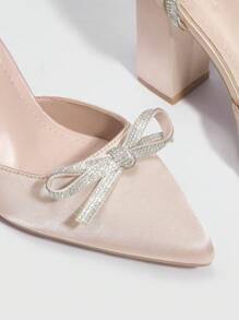 CUCCOO CHICEST Woman Shoes Rhinestone Detail Bow Decor Point Toe Chunky Beige High-Heeled Pumps For Summer Graduation Heels Prom Heels Vacation Shoes Summer Elegant Heels Spring Shoes Spring Break Easter
