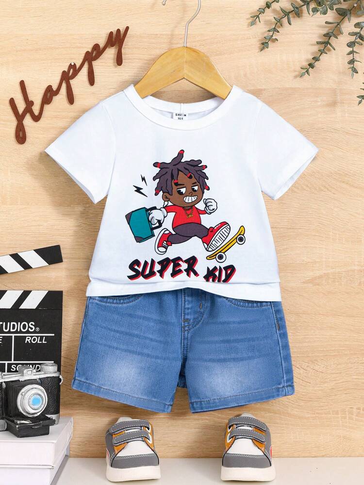 Baby Boy 2pcs/Set Casual Cartoon Printed Short-Sleeved T-Shirt And Casual Washed Straight Leg Denim Shorts Set,For Summer