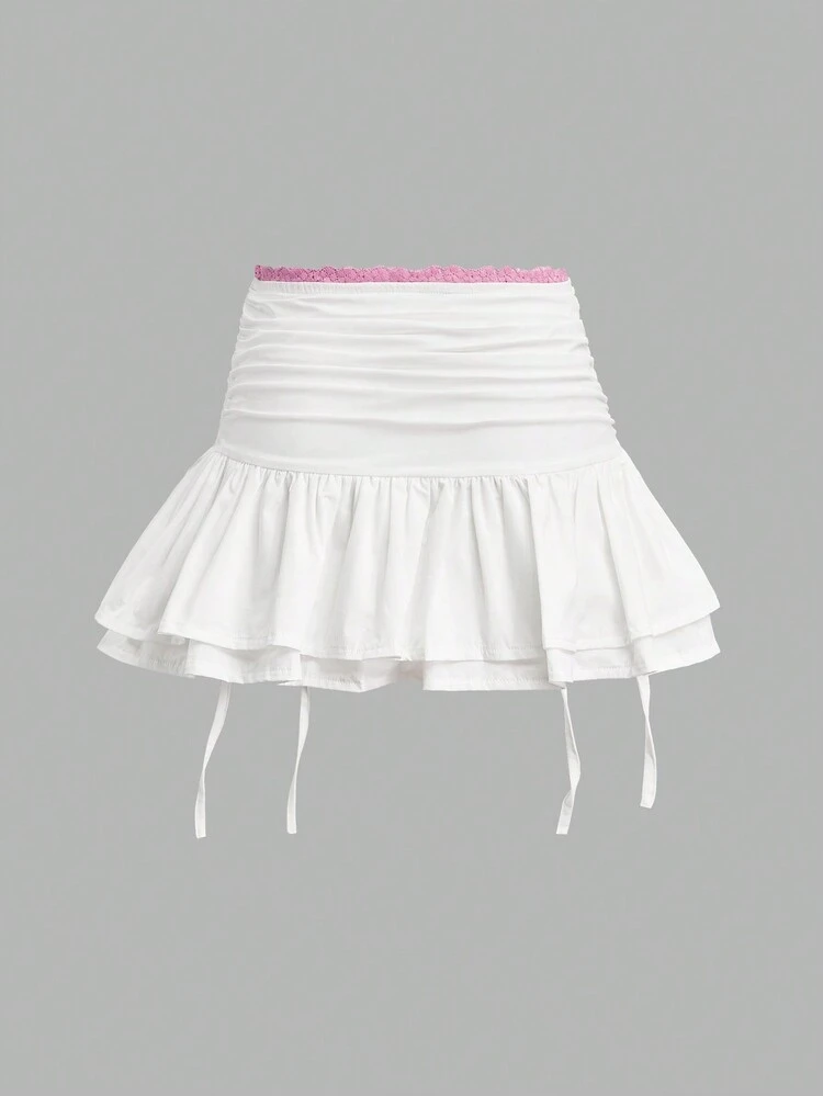Low Waist Pleated Drawstring Ruched Hem Skirt