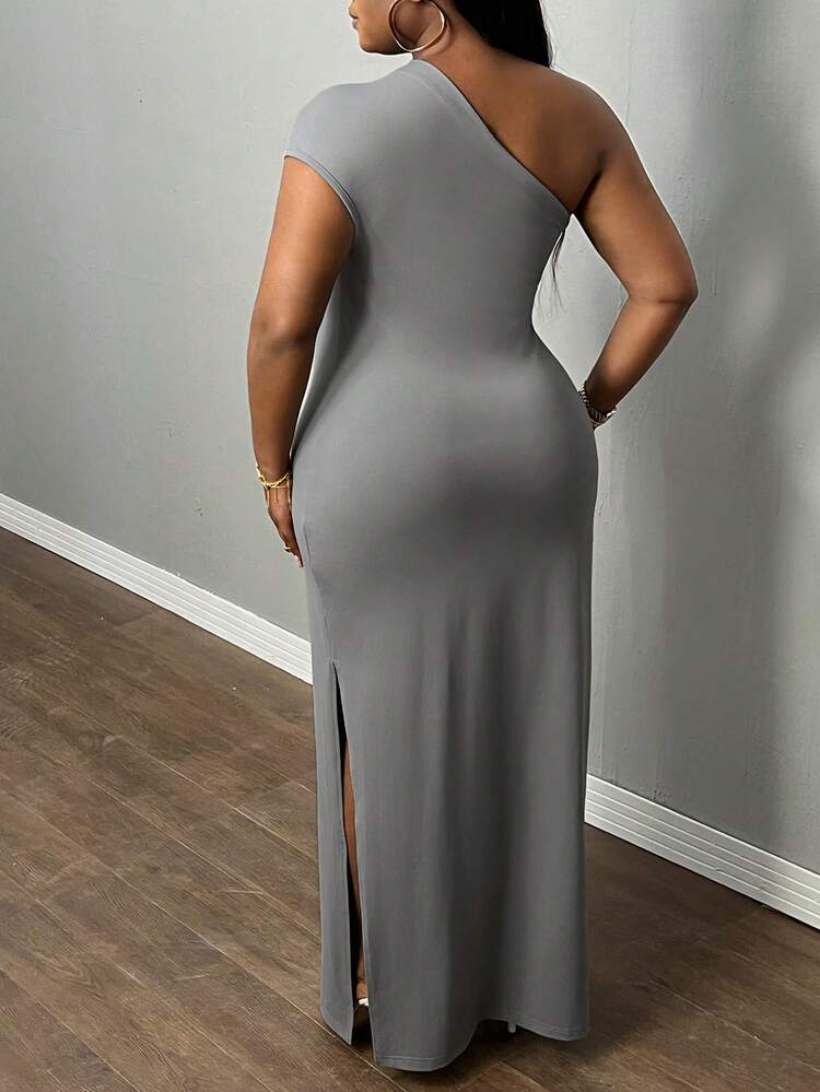 Plus Size Elegant & Party & Dating Slim-Fit Clean Gray One Shoulder Sleeveless Dress, Partially Pleated, High Side Slit, Long Length, Spring & Summer K