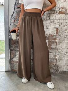 SHEIN LUNE Casual Solid Color High Waist Wide Leg Pants Fall Cloth For Women - Coffee Brown - View 4