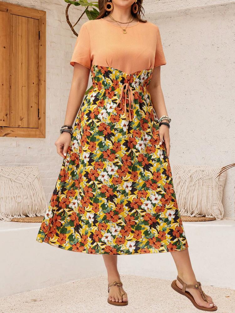 Plus Size Women's Summer Holiday Floral Printed Waist Tie Round Neck Short Sleeve Maxi Casual Dress