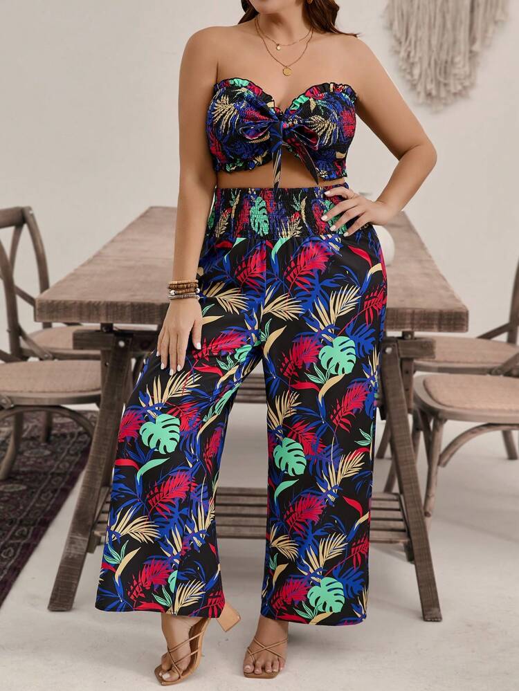 Plus Size Women's Random Print Strapless Top And Long Pants Set