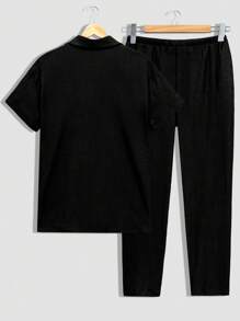 SHEIN Cottnline Short Sleeve Shirt And Casual Pants Combining Men's Suit Set - Black - View 2