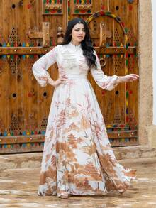 Damen Blumenprint Stand-Kragen Laternenhülse elegantes Kleid