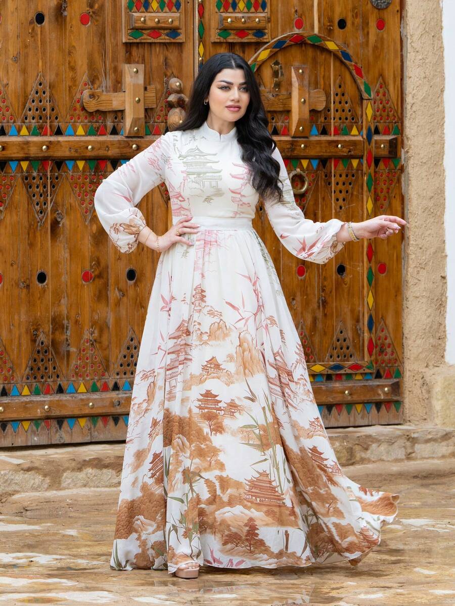 Damen Blumenprint Stand-Kragen Laternenhülse elegantes Kleid