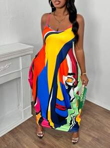 Slaydiva 大尺寸度假休閒彩印蛹形背心連衣裙 - 彩色 - 查看 4