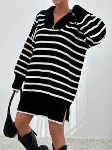 EURMUSE Women Stiped Knit Design Knit Dress With Zipper Detail - Black and White - View 5