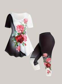 Plus Size Summer Casual Color Blocked Rose Floral Print Round Neck T-Shirt And Pants Set - Black - View 1