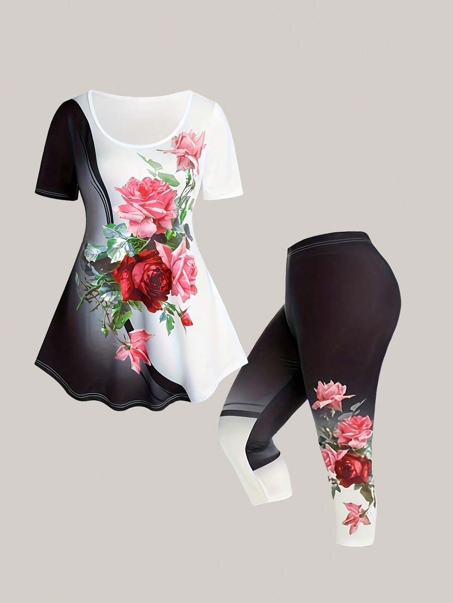 Plus Size Summer Casual Color Blocked Rose Floral Print Round Neck T-Shirt And Pants Set - Black - View 1