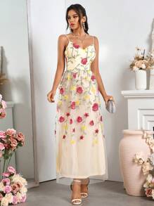 SHEIN Belle 女士網紗刺繡V領優雅伴娘禮服，細肩帶款式 - 米色 - 查看 6