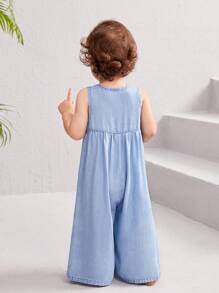 SHEIN Baby Girls' Denim Effect Flower Embroidery Sleeveless Jumpsuit - Blue - View 7