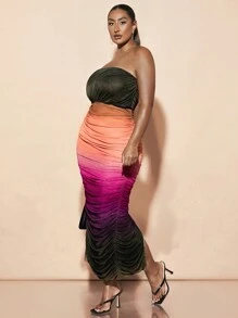 SHEIN BAE Elegante vestido largo con escote asimétrico, plisado y estampado abstracto degradado en toda la malla, para fiesta de cumpleaños