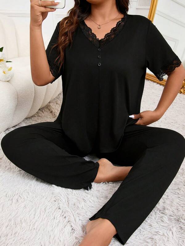 Plus Size Women Casual V-Neck Lace Trim Decorative Button Top & Pants Pajama Set, Outfits