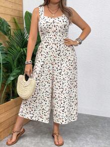 SHEIN VCAY 豹紋寬腿背帶大碼連體褲，適合度假 - 彩色 - 查看 3