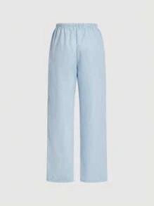 SHEIN Qutie 女士時尚條紋休閒直筒長褲 - 淺藍色 - 查看 2