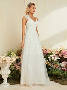 3D Rose Detail Contrast Mesh Formal Dress - Apricot - View 6