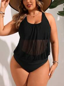 Swim Vcay Bộ áo tankini cổ màu trơn cỡ lớn mùa hè có đáy hình tam giác - màu đen - Xem 1