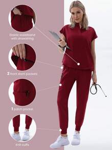 TaskEZ Burgundy Red Women's Summer Nurse Uniform Scrub Set Jogging Suit, Stretchy Top And Pants With Multiple Pockets, Beauty Salon Workwear Matte Two-Piece Suit - Burgundy - View 2