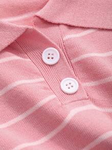 DAZY Women's Striped And Printed Casual Short Sleeve Knit Top With Lapel And Single-Breasted Button, Summer