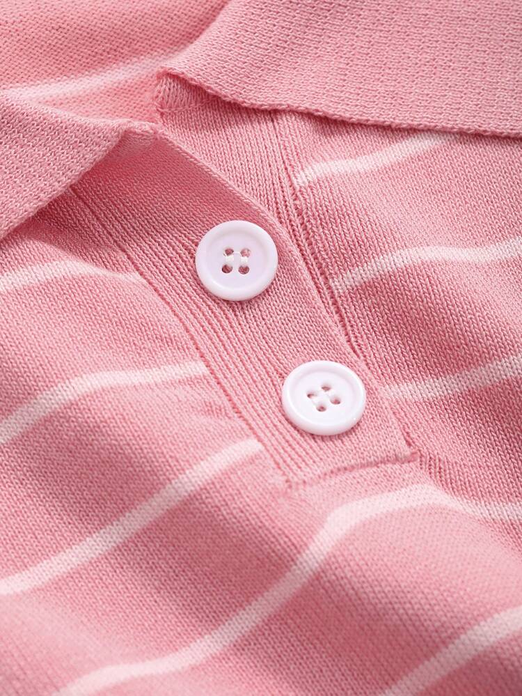 Women's Striped And Printed Casual Short Sleeve Knit Top With Lapel And Single-Breasted Button, Summer