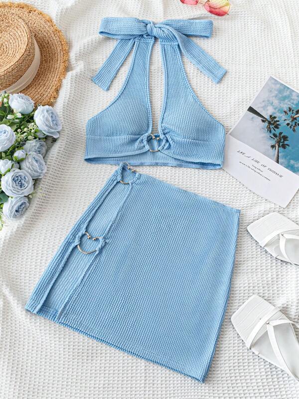 Soleia Holiday Seaside Neck Strap Top & Hollow Out Midi Skirt Set With Textured Fabric, Blue 2pcs