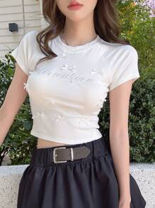 DAZY Ladies' Summer Slim Fit Round Neck Short Sleeve T-Shirt With Bow Decoration - White - View 1