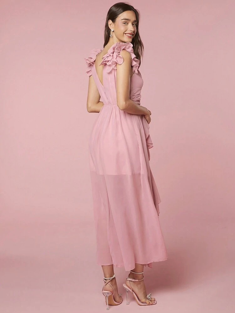 Women's Summer Sleeveless Dress With Shoulder Patchwork, Split Hem & Frill Detail