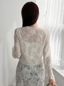 FRIFUL Áo sơ mi dài tay jacquard trơn màu thanh lịch, Xuân/Hè, nhún bèo - Màu be - Xem 5