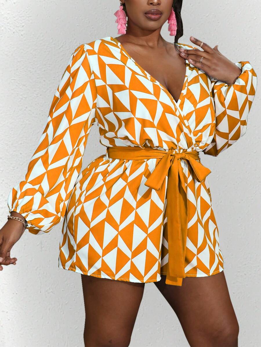 Maweii Plus Size Women's Fashion Color Block Geometric Printed Long Sleeve Jumpsuit - Yellow - View 1