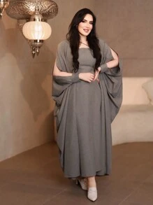 Al Najma Women's Solid Color Casual Spring/Summer Dress And Split Sleeves Batwing Loose Long Coat 2pcs/Set - Grey - View 3