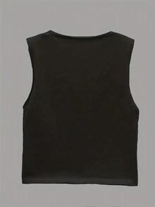 新品女士休閒純色v領無袖針織上衣 - 黑色 - 查看 2