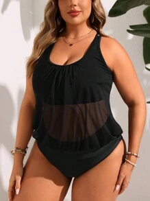 Swim Vcay Bộ áo tankini cổ màu trơn cỡ lớn mùa hè có đáy hình tam giác - màu đen - Xem 5