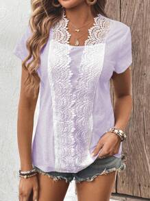 SHEIN LUNE Lace Trimmed Short Sleeve Women's Summer T-Shirt