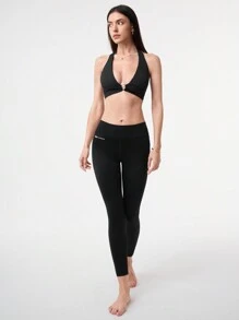 Easithlete Top de treino feminino estilo simples e de cor sólida com alça para o pescoço