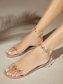 SHUZIA Sandalias planas decoradas con pedrería para mujeres, versátiles y de moda - transparente - Ver 5