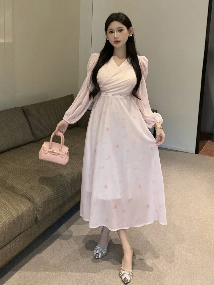 Women's V-Neck Long Sleeve Ditsy Floral Dress Prom Dress Elegant Women Dresses