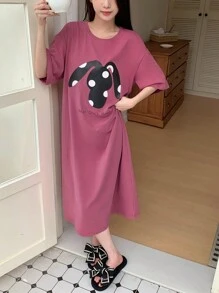 DAZY Cute Polka Dot Rabbit Printed Loose Home Dress Pajama - Pink - View 4