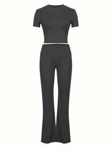 INAWLY Solva Ladies' Simple Solid Color Daily Wear Long Sleeve Top And Trousers Set