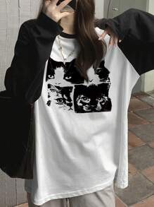 INAWLY 女士春夏休闲修身猫咪印花T恤，撞色圆领插肩长袖设计，适合春秋季穿着。 - 彩色 - 查看 3