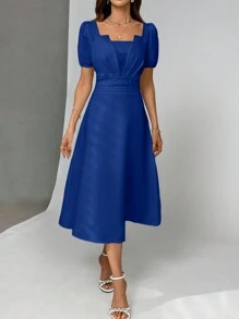 SHEIN Privé 純色對稱領派對腰A字裙 - 藍色 - 查看 4