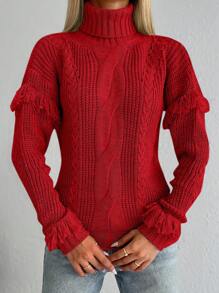EURMUSE Solid Color Fringed Detail High Neck Sweater - Hot Pink - View 3