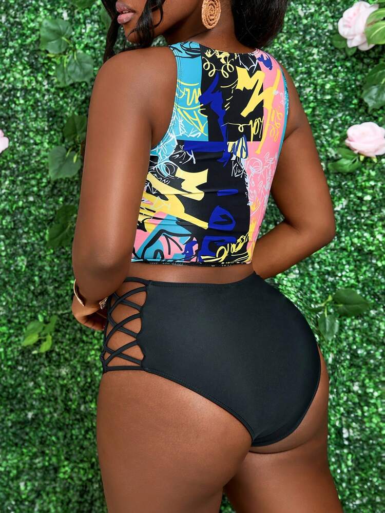 Women's Summer Beach Random Print Top & Solid Color Triangle Cutout Panties Tankini Set