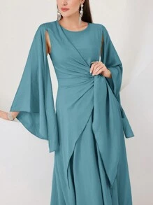 Modelyn Long Cloak Sleeve Wrap Knot Side Modest Dress - Cadet Blue - View 5
