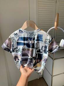 Camiseta Casual de Gola Redonda com Manga Curta de Estilo Jovem com Fotografias de Paisagem emolduradas
