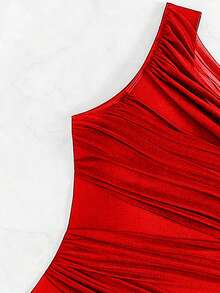 2025 Solid Color Ruffled One-Shoulder One-Piece Swimsuit Summer - Red - View 5