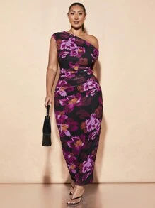 SHEIN BAE Bộ 2 món dành cho nữ - Áo và chân váy xếp ly cổ lệch, họa tiết hoa thanh lịch, thích hợp cho kỳ nghỉ hè, trang phục ngày lễ - màu đen - Xem 3